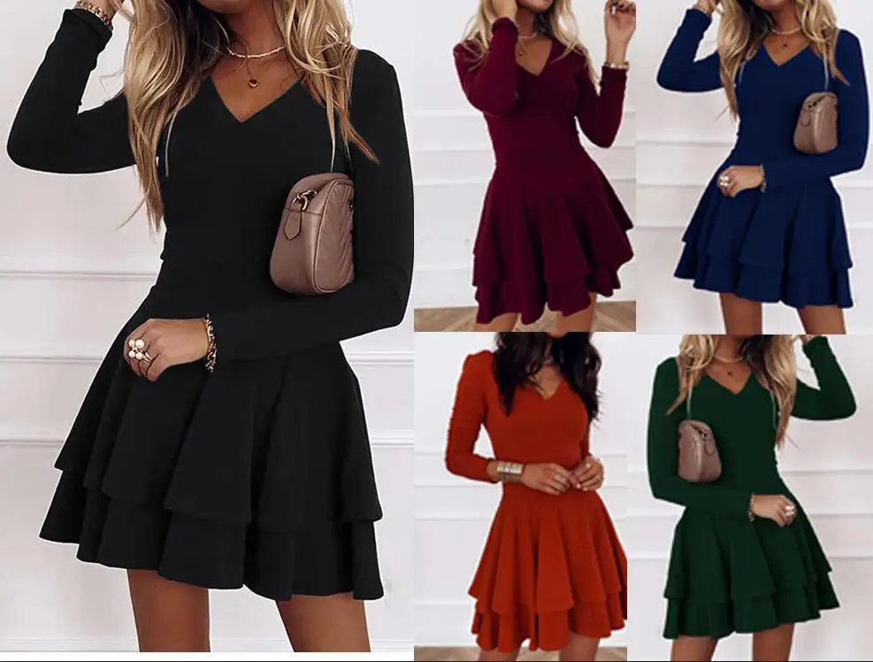 2024 NEW Autumn V-Neck Solid Color Fashion Mid Waist Pullover Panel Bottom Fashion Versatile Style Long Sleeve Women's Dress