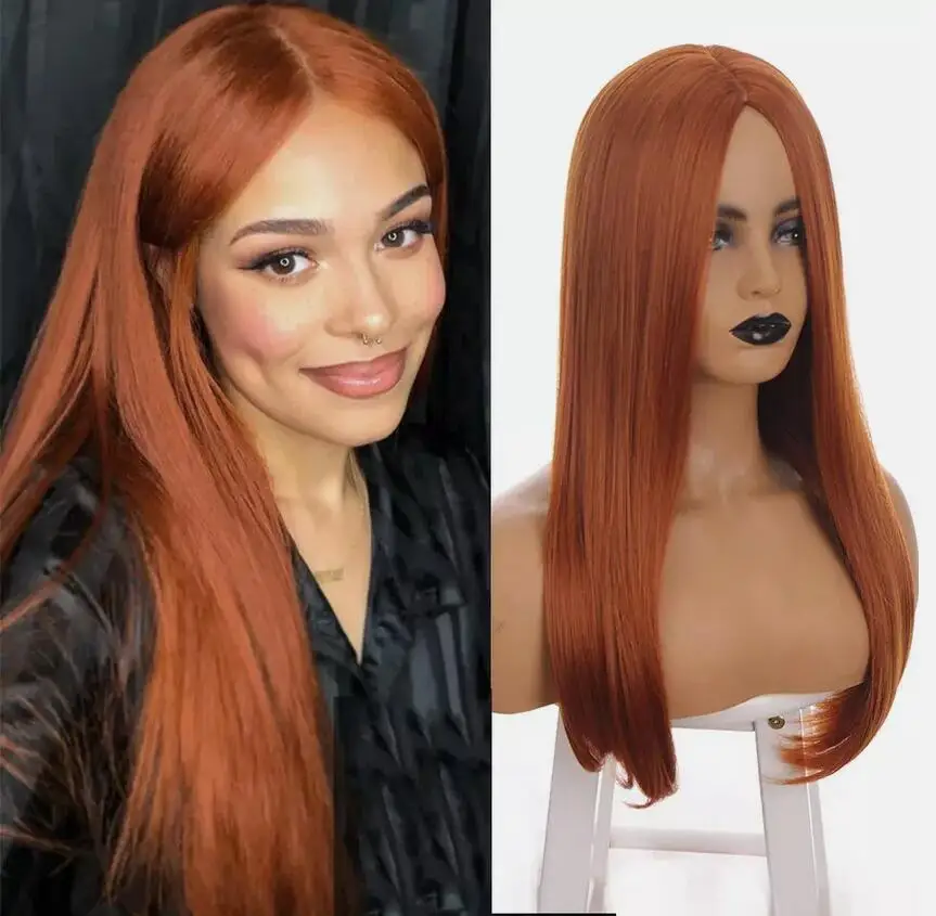 Copper Red Cosplay Wig with Scalp Long Straight Heat Resistant Synthetic Hair