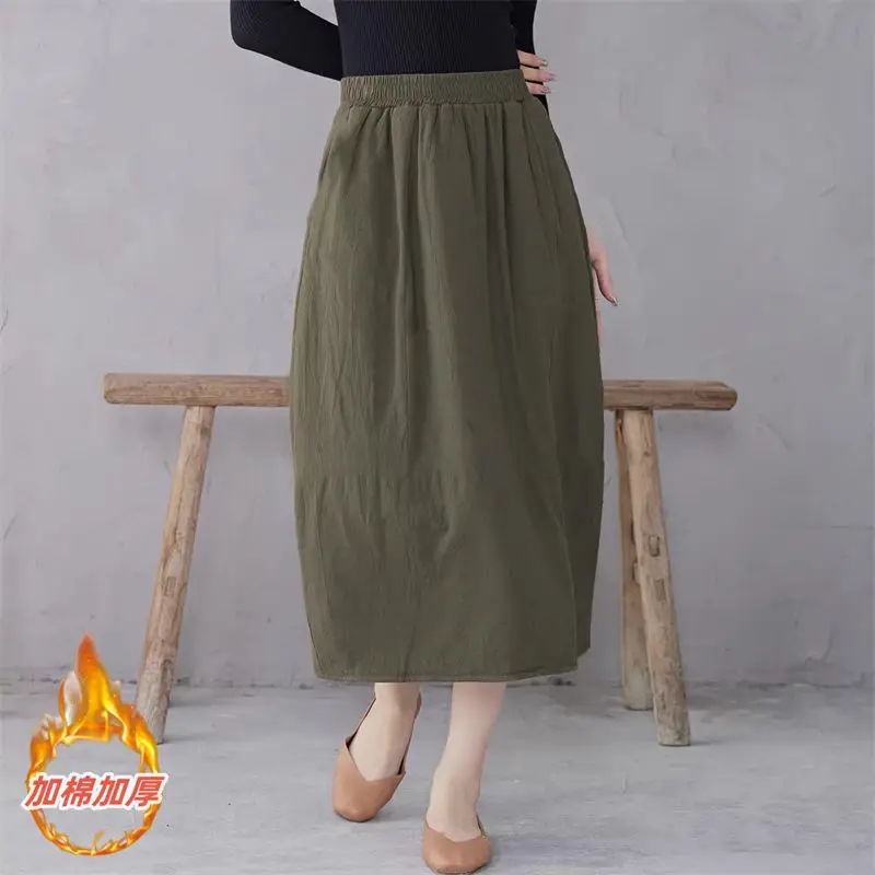 2023 Autumn Winter Literary Skirt Thickened Solid Color Long Women's Elastic Waist Bud Skirt  Quilted Casual Mujer Faldas Z4388