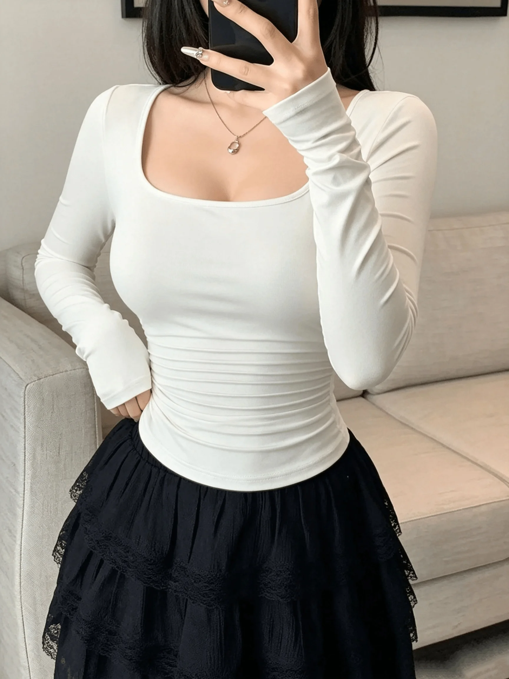 Women's Elegant Square Neck T-Shirt Long Sleeved Waist Cinched Top Solid Color Casual Autumn Wear for Daily Commuting