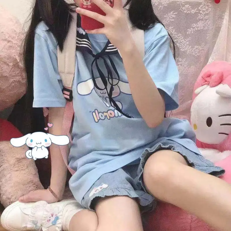 

Japanese Sanrios Cotton T-Shirt Kawaii Anime Cinnamoroll Women Short Sleeve Summer Loose Sweet Preppy Girls Tops Student Cute