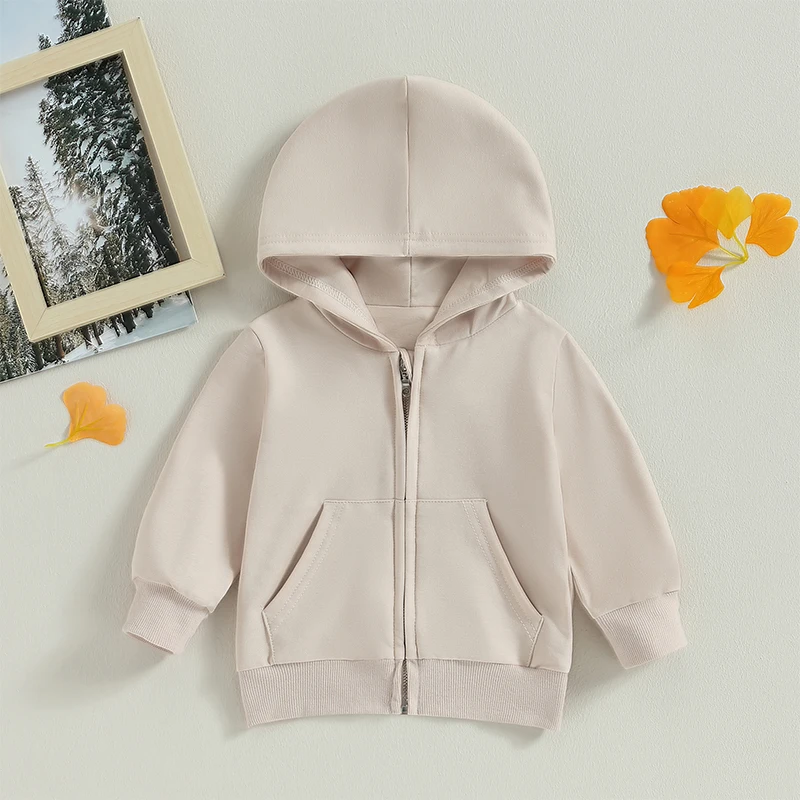 Hoodie ritsleting bayi balita, jaket hoodie lengan panjang warna polos dengan saku, ritsleting, bayi balita laki-laki perempuan