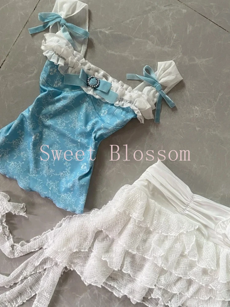 Summer Hot Girl Sweet Y2k 2 Piece Set Women Lace Patchwork Tops + Irregular Skirts New Harajuku Sexy Fashion Slim Outfit 2025