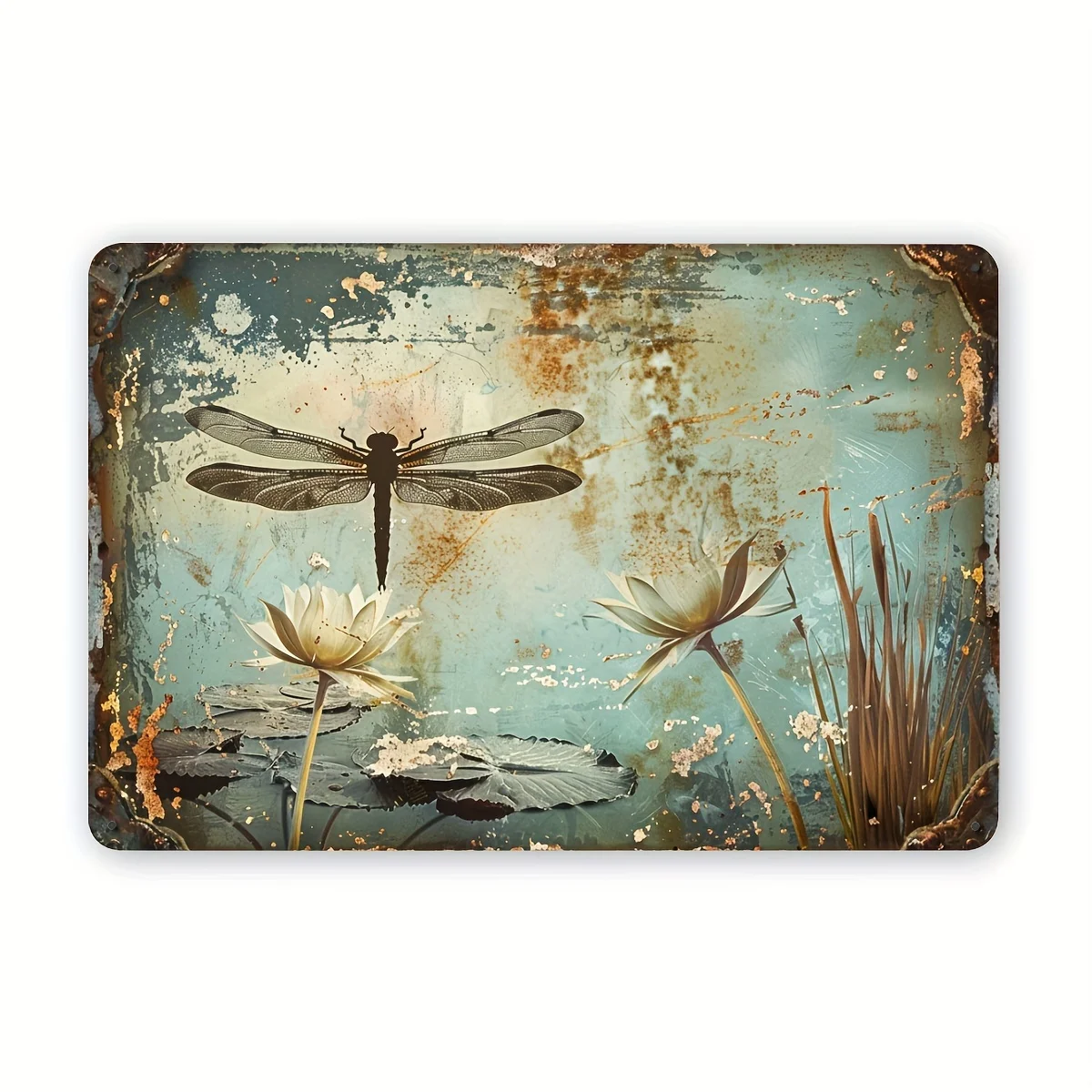 Letrero metálico vintage con diseño de libélula y estanque de loto - 30,48 cm x 20,32 cm | Arte Rústico para Pared, Decoración para Hogar, Bar, Cafetería, Garaje | Fácil