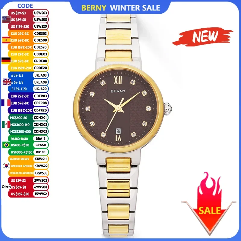 

BERNY Japan Quartz Movement Ladies Sapphire Glass Calendar Feminino Reloj Fashion Diamond Wristwatch Waterpoof Watch for Women