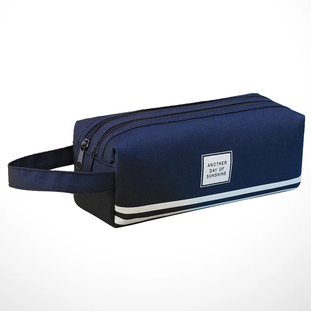 

Double-Layer Canvas Pencil Case Large Capacity Stationery Organizer Bag Navy Blue School Travel Makeup Pen Box Zipper Storage