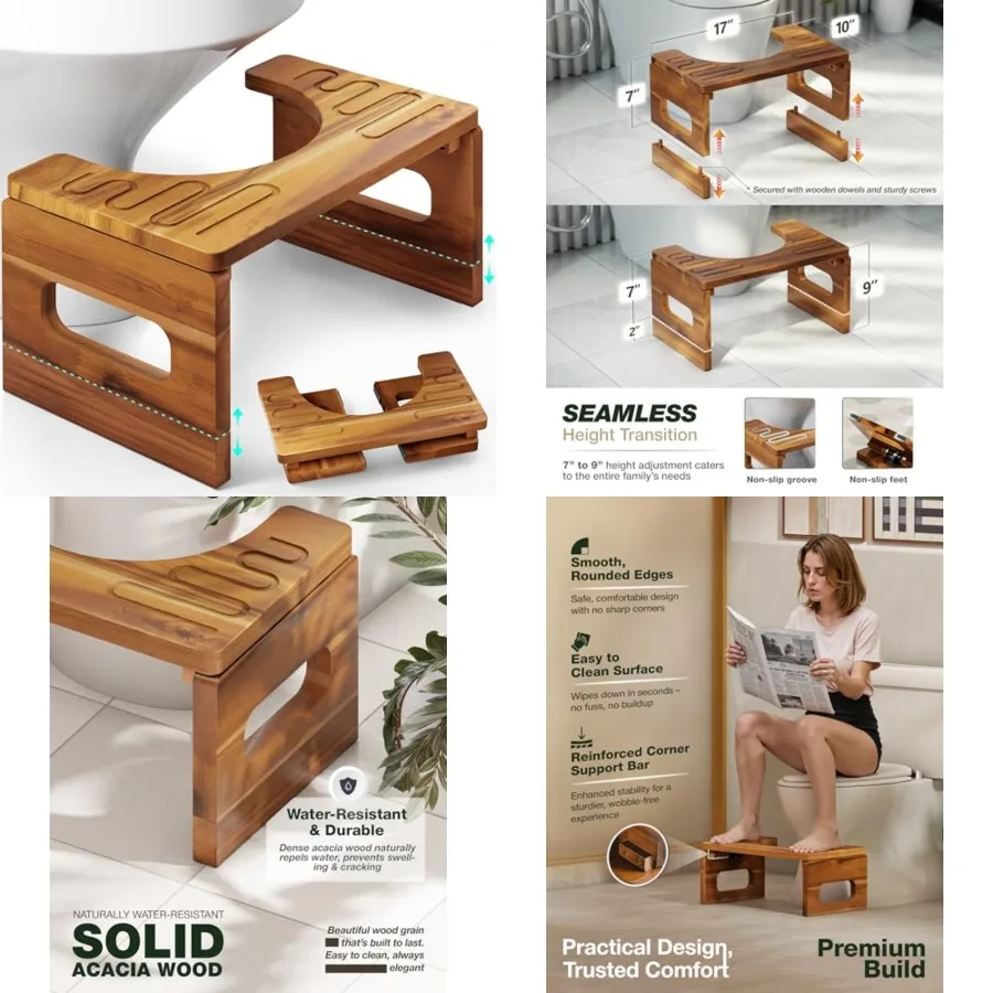 

Foldable Toilet Stool, 7'' and 9'' Adjustable Heights Wood Poop for Potty Training, Durable Collapsible Bathroom Stool, Adjusta