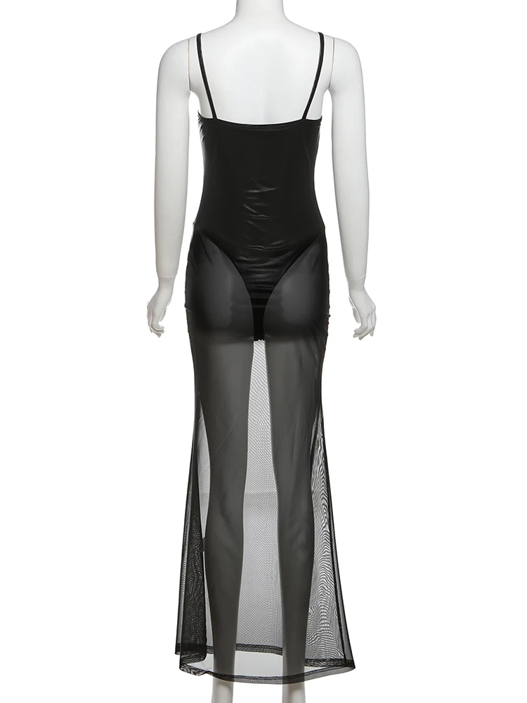 Cutenew Spaghetti Jurken Vrouwen Sexy Coquette Patchwork Mesh Sheer Decolleté Rechte Maxi Vestidos Mujer Party Clubwear