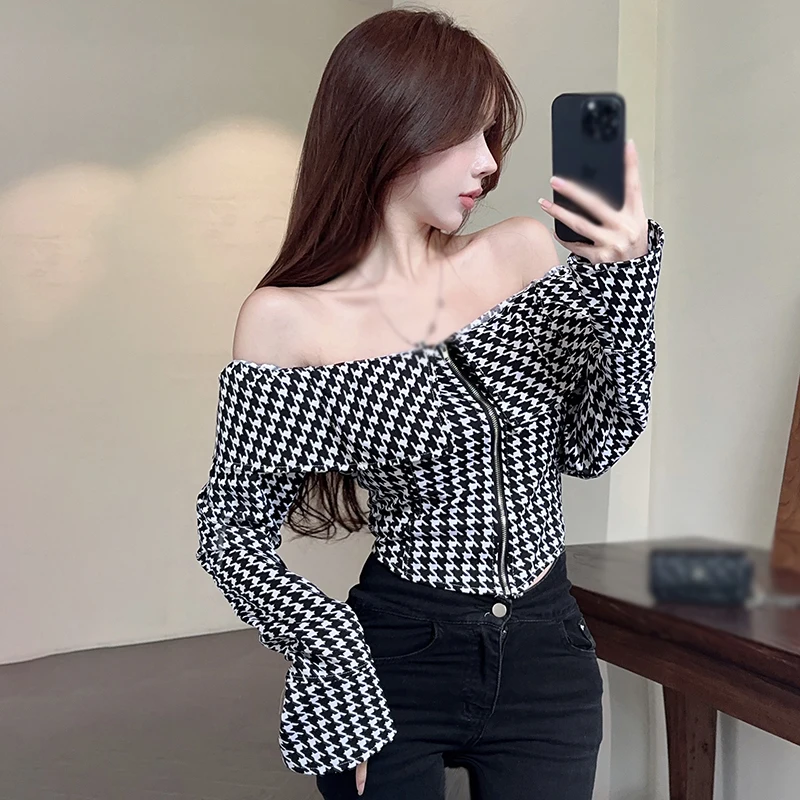 Women Off Shoulder Slim Fit Style Long Sleeve Shirt Top Thousand Bird Plaid Spring Autumn Casual Zipper Sheath Ladies Sexy Sweat