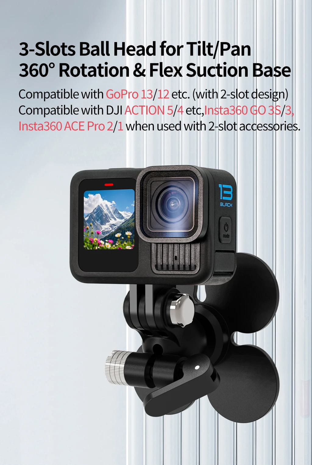 360 drehbare Helm-Kamerahalterung, flexible selbstklebende Basis, 17 mm Kugel für GoPro 13 12 11 Insta360 X4 X5 Ace Pro Motorradhalterung – Detail 7