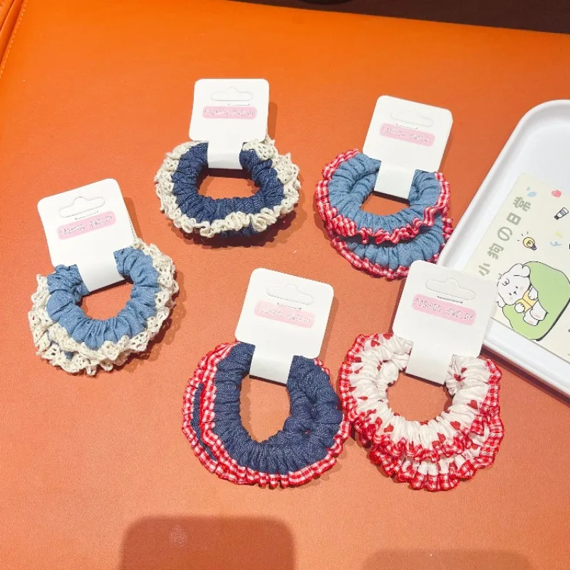 Lace Trim Denim Hair Ties Red  - Elastic Lace Trim avaliação e preço