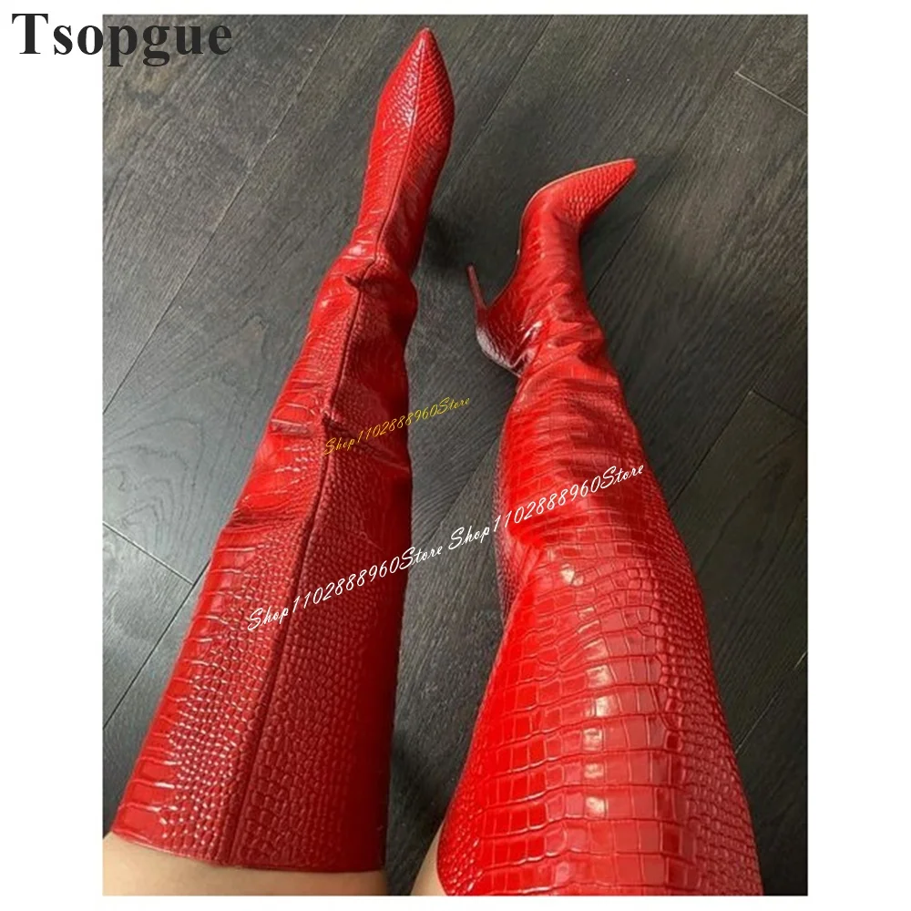 

Trendy Thigh High Red Crocodile Skin Leather Boots Thin High Heel Women Shoes Back Zipper Pointed Toe 2024 Zapatos Para Mujere