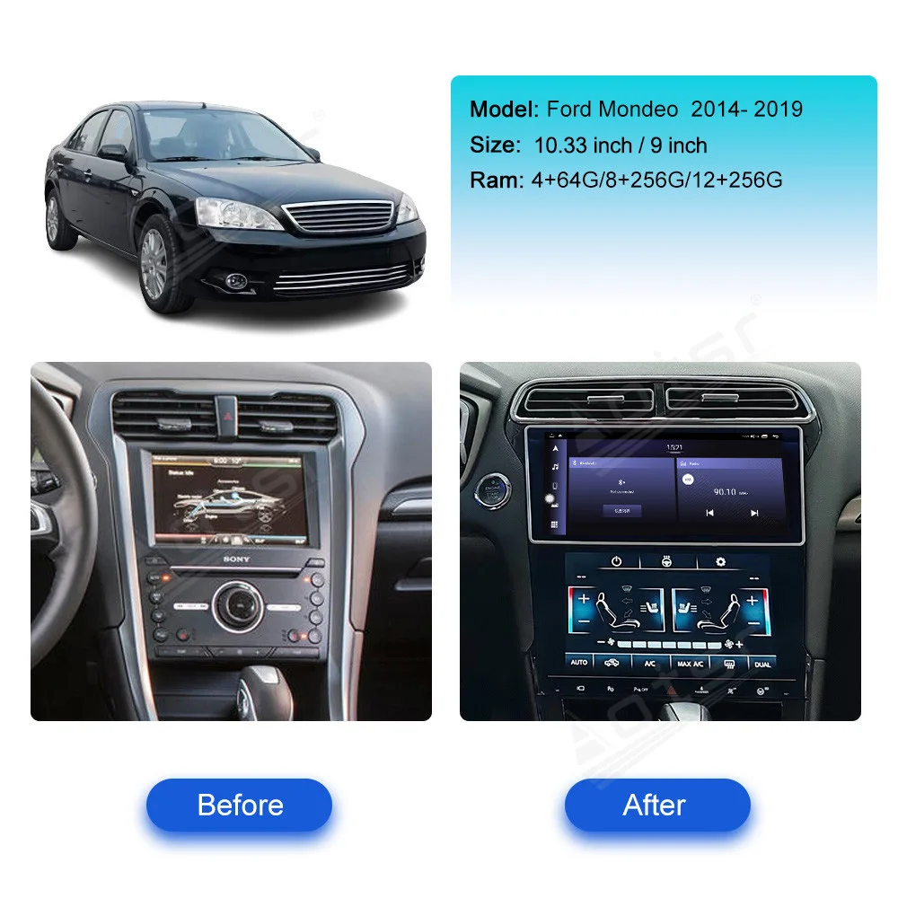 10.33''+9'' Navigasi 8 inti Carplay Untuk Ford Mondeo 2014-2019 Pemutar Multimedia Android13 Auto GPS Navi Nirkabel Head