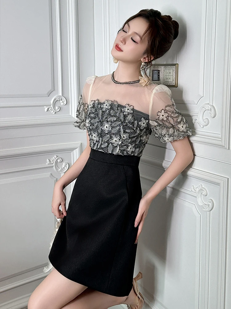 Vestido negro de estilo francés para Mujer, vestido corto Sexy de alta sociedad con empalme de encaje y bolsillo de malla transparente, Vestidos para fiesta y discoteca para Mujer