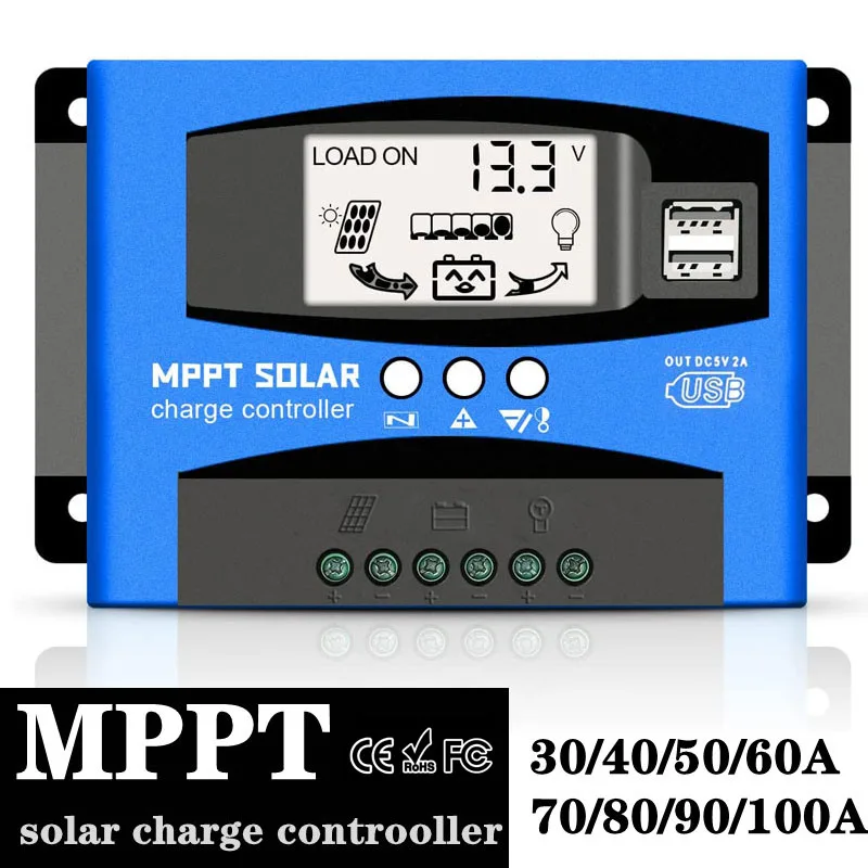 MPPT Solar Charge Controller 100A 12v/24v Current Auto Focus Charging LCD Display Car Battery Board Charger Regulator with Load