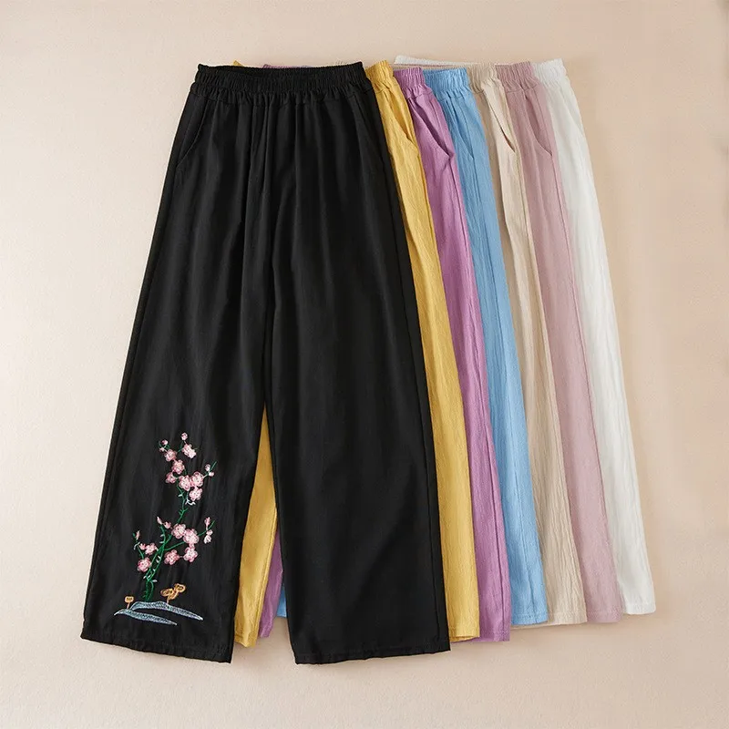 Große Baumwoll-Leinen-Hose, bestickt, weites Bein, lockere Passform, Sommer-Freizeithose für Damen, Retro-Stil, ethnisches Muster