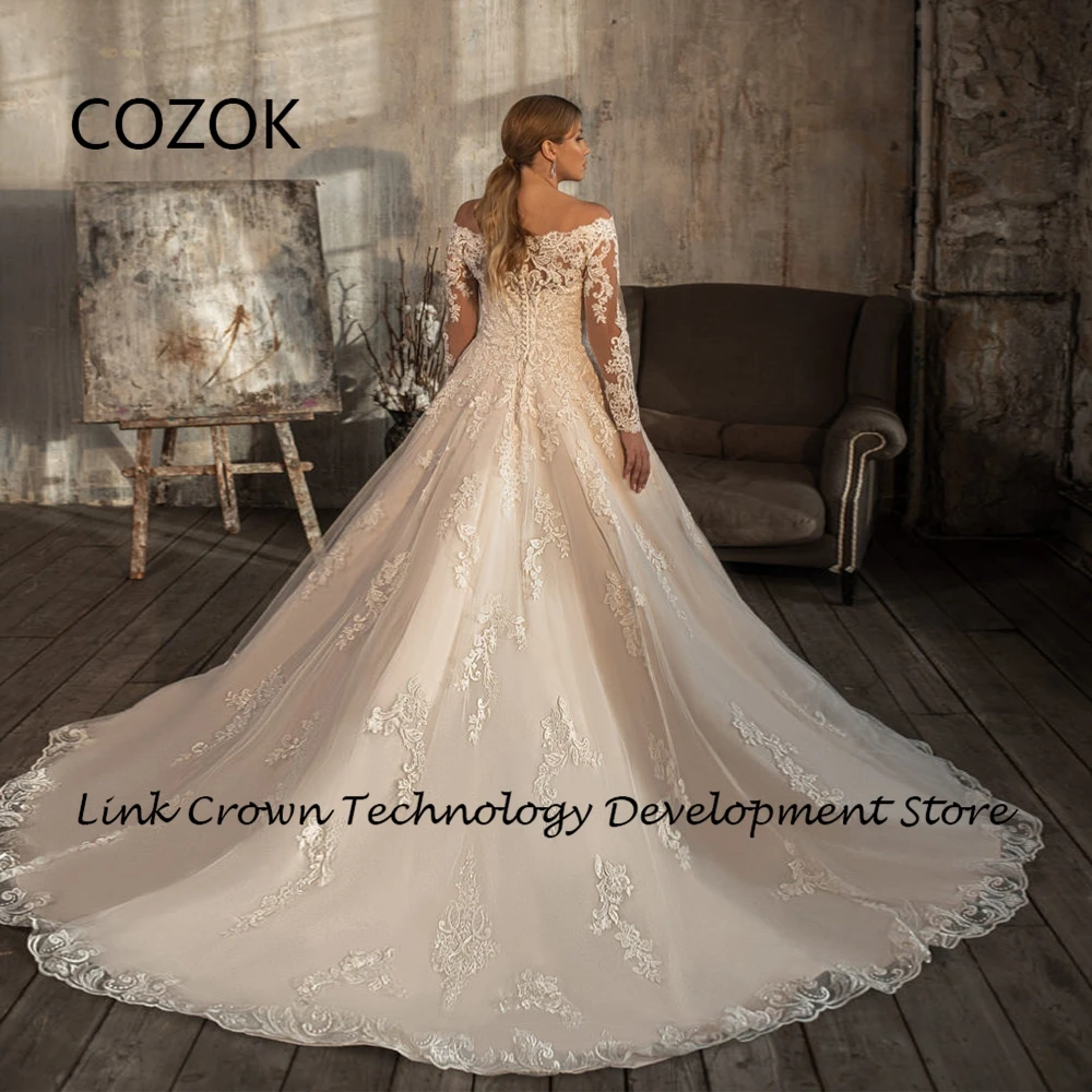 COZOK Luxury Plus Size Wedding Dresses for Women 2024 Court Train Full Sleeve Bridal Gowns with Lace New Vestidos De Novia