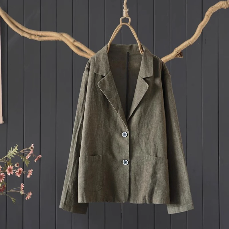 

High Quality 100% Linen Women Casual Tailored Coats New 2025 Spring Vintage Style Double Pockets Female Basics Jackets M1708