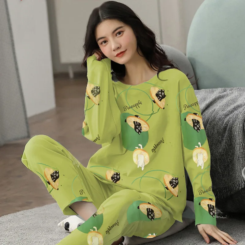 Spring Autumn Womens Polyester Pajamas Sets Plaid Cartoon Sleepwear Long PJ Homewear Women\'s Loose Casual Suit Large Size 5XL