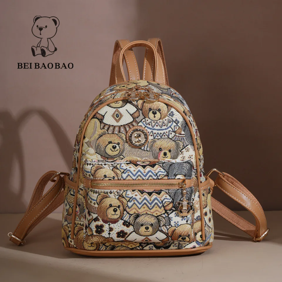 beibaobao faux leather two-tone backpack Beibaobao Cartoon Bear Backpack for Women 2024 New Collection, Casual  Versatile Fashion Bag, Large Capacity Canvas Bag
