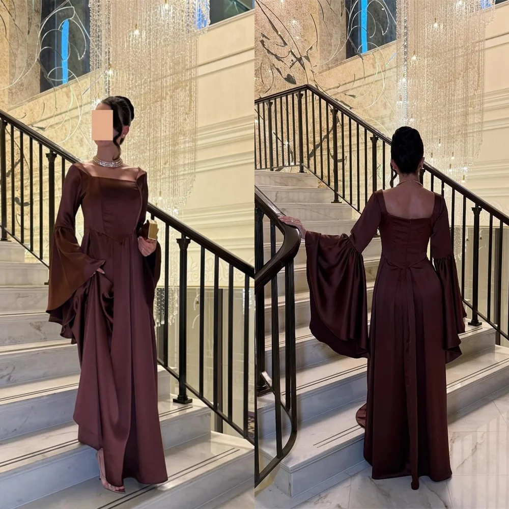 

Customized Exquisite Purple Satin Evening Dress High Quality Square Collar Flare Sleeves Long Sleeves Special Occasion Gowns