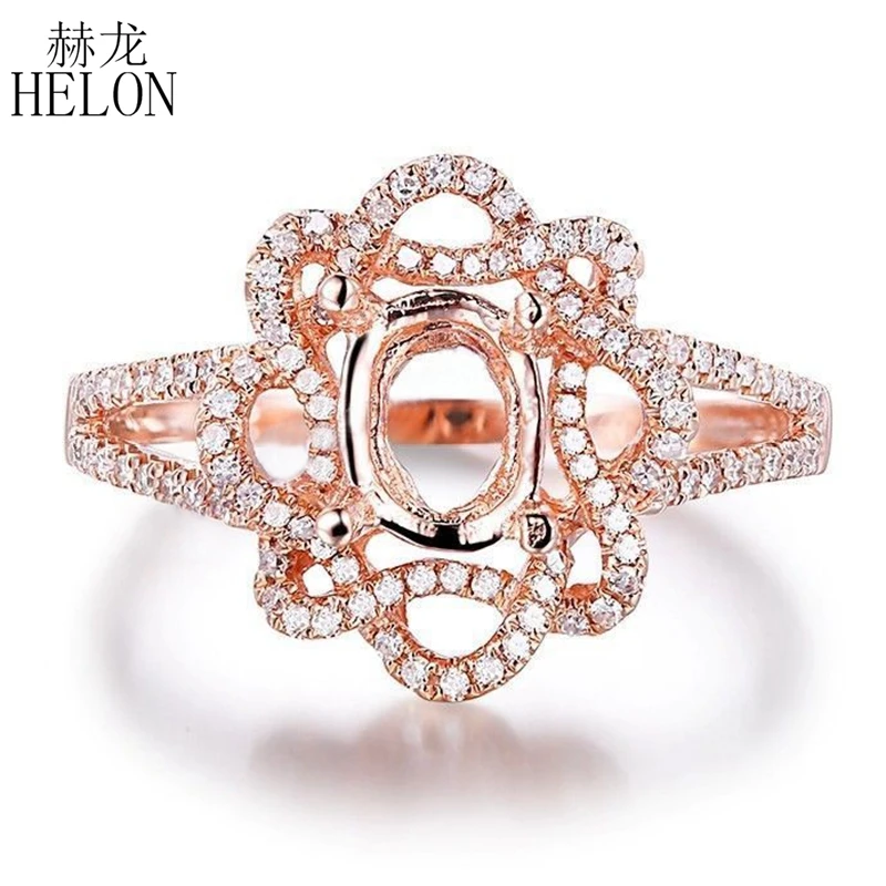 

HELON Solid 14K Rose Gold Natural Diamonds Vantage Fine Jewelry Semi Mount Engagement Wedding Ring Setting Fit Oval Cut 7x5mm