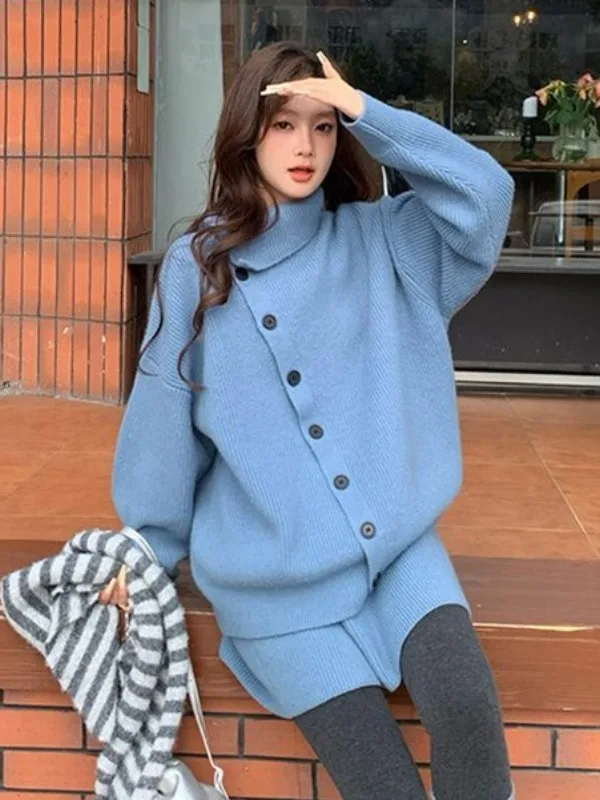

Loose Fit Korean Sle Women's Knitted Sweater High Collar Long Sve Casual Outerwear Single Button Top Lazy Sle Autumn W...