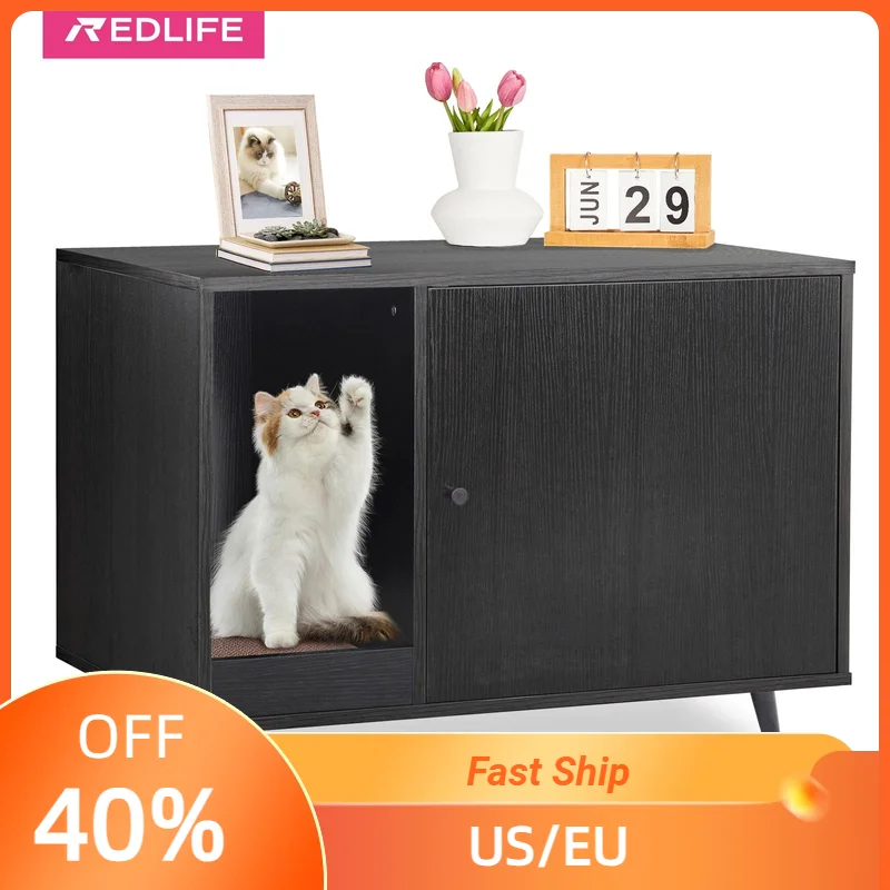 

REDLIFE Cat Litter Box Enclosure Wood Pet Crate House Side End Table Cat Washroom Furniture w/ Cat Scratcher & Door Fit Most Cat