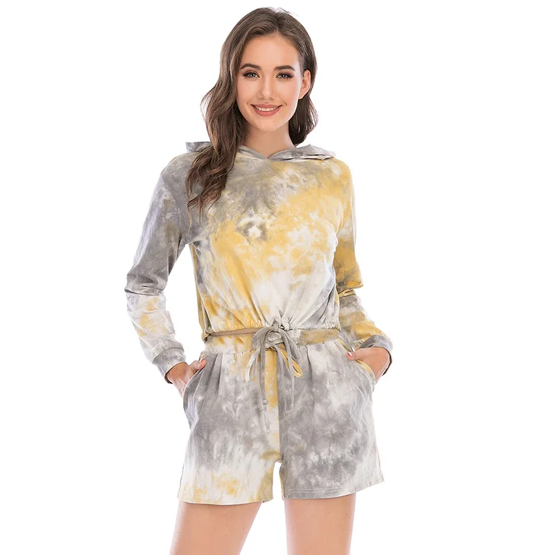 Womens Pajamas Sets Tie Dye Pyjamas Famale Pijama Loungewear Long Sleeve Top Shorts 2 Piece PJ Set Sweatsuit Sleepwear Nightwear