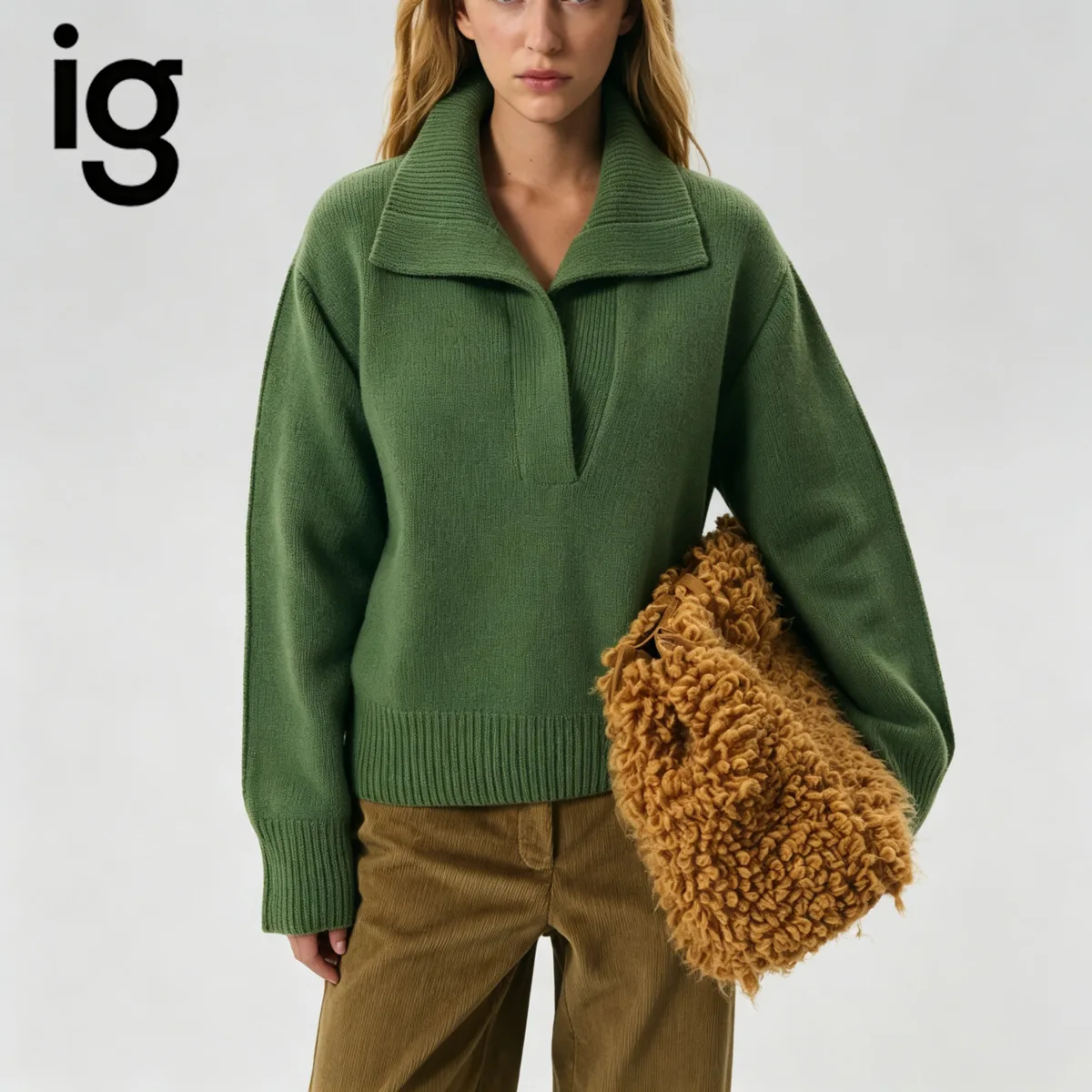 IG Women Half Zip Stand Collar Knit Sweater, Oversized Ribbed Trim Long Sleeve, Casual Relaxed Fit Winter Pullover Top