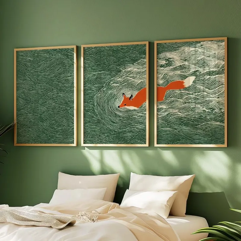 3pcs frameless Canvas Painting Japanese Fox Ocean Wall Art Set | Green Wave Triptych | 3 Posters Home Decor Frameless Canvas Art