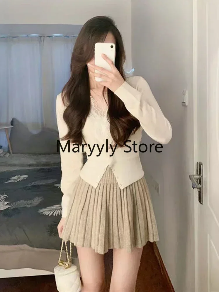 2023 Autumn Women French Long Sleeve Cardigan + High Waist Mini Skirt Korean Fashion Suits Elegant Office Lady 2 Piece Dress Set