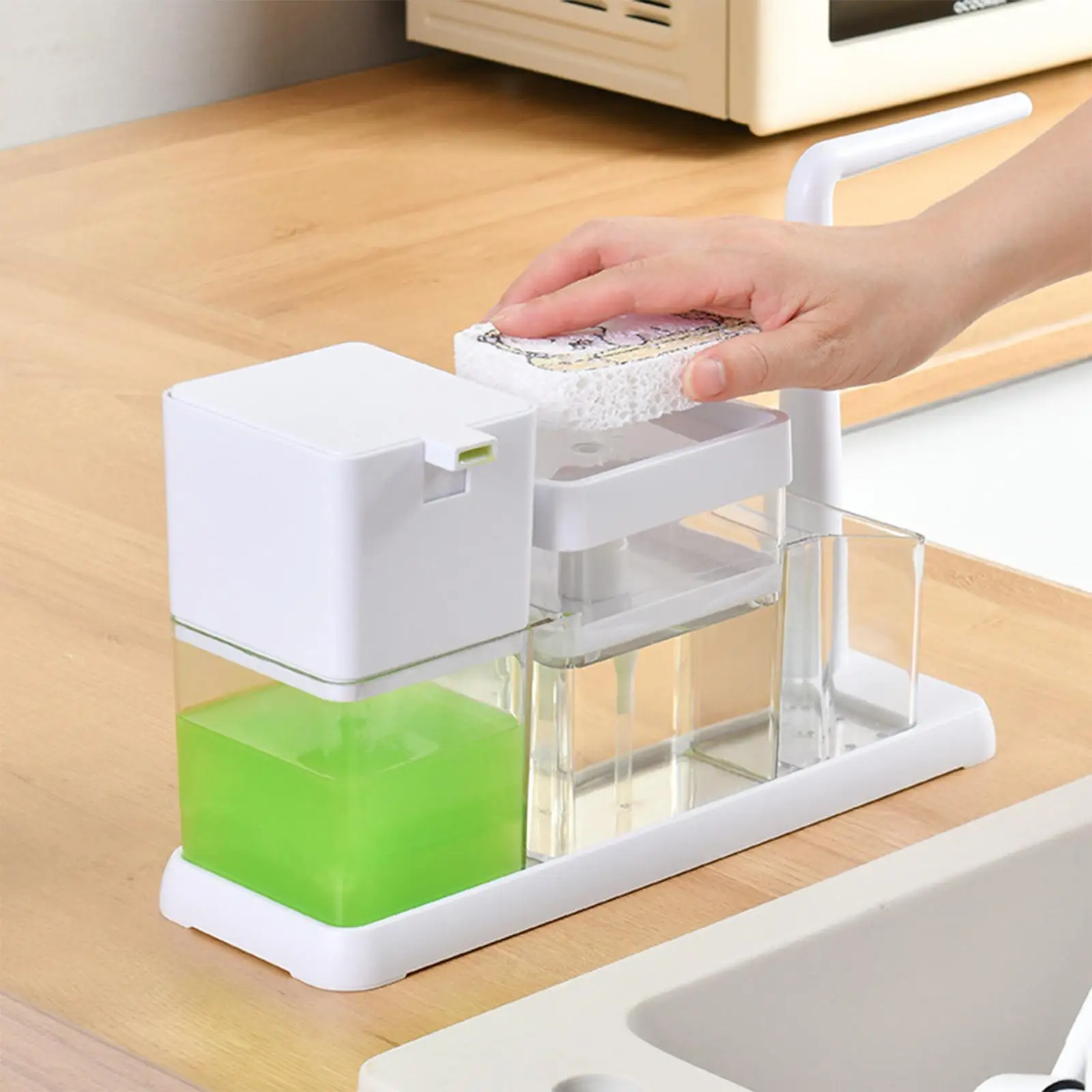 

Dish Soap Dispenser Caddy Organizer Draining Tray Sponge Holder Organizer for Kitchen Sink Large Capacity Soap Pump Dispenser