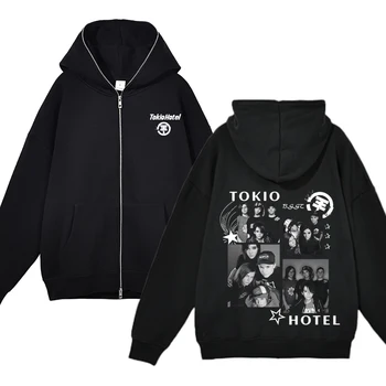 Hip Hop Tokio Hotel Print Zipper Hoodies Kaulitz Print Zip Up Jacket Fleece Hooded Sweatshirts Men Women Streetwear Y2K Cardigan