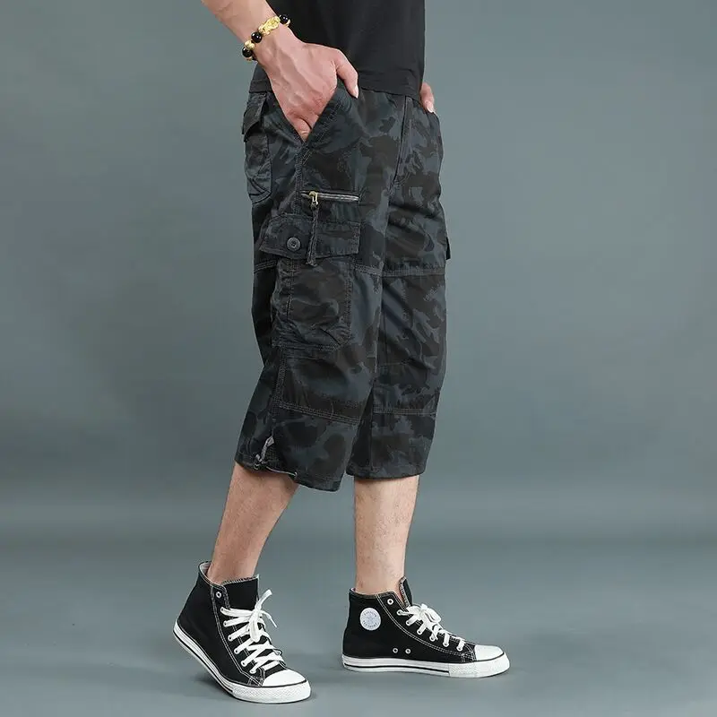 

Summer Men's Casual Cotton Cargo Shorts Overalls Long Length Multi Pocket Hot breeches Military Capri Pants Male Tactical Short