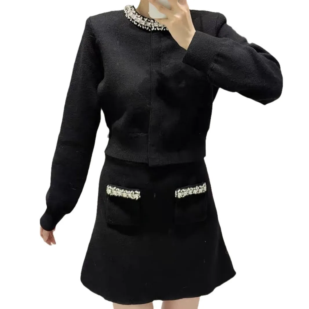 Luxury Set Heavy Industry Diamond Inlaid Short Jacket+half Skirt SP2024 Winter New Item Women Two Piece Outfits Festival Outfit