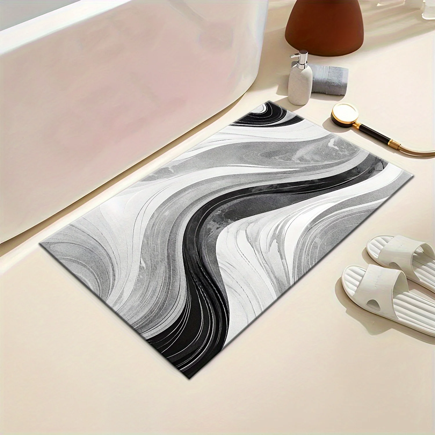 Abstract Marble Print Bath Rug Mat for Bathroom Sink Vanity Decor Modern Luxury Black White Anti Slip Wash Mat