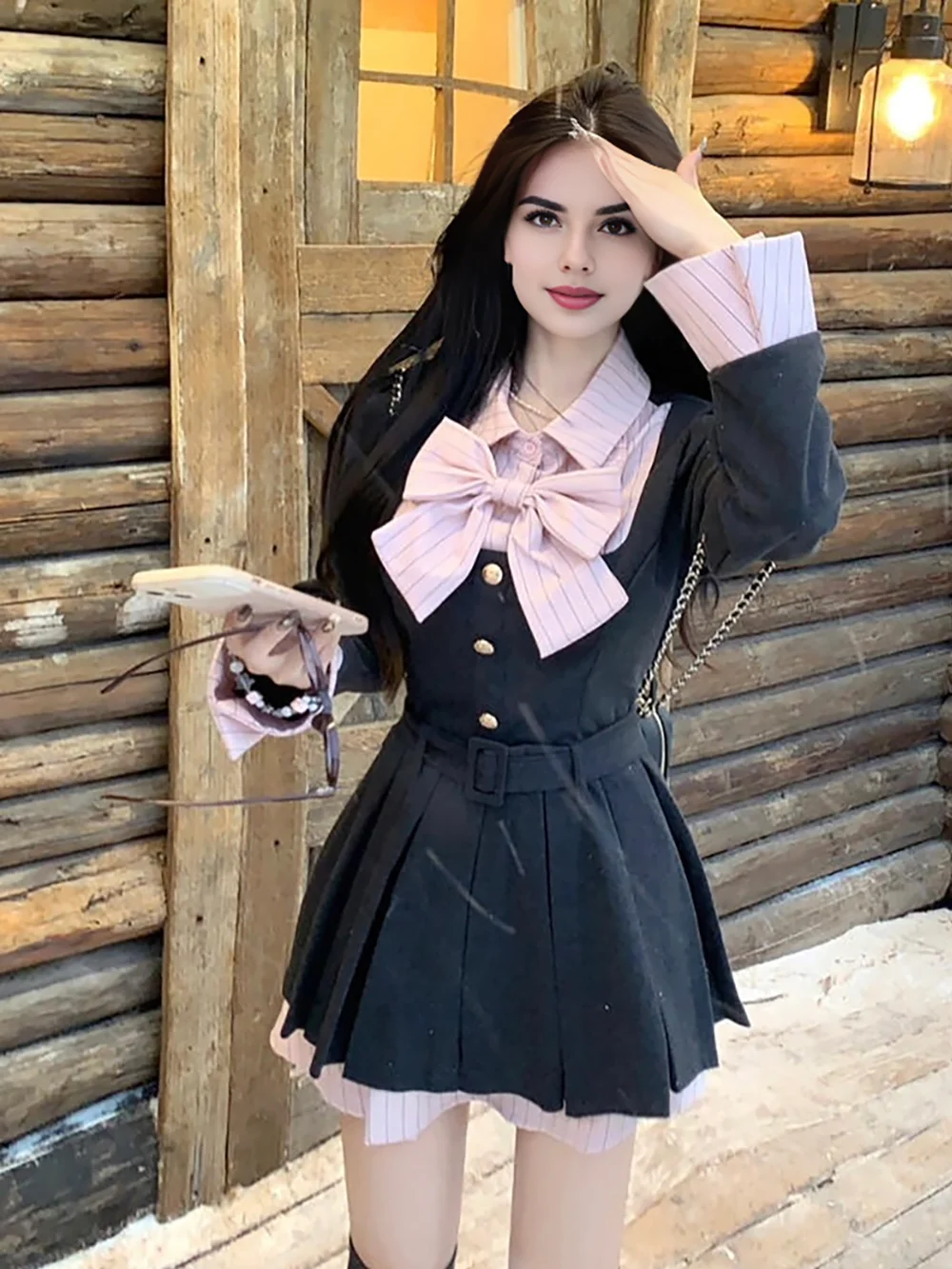 2024 Fall Winter Women Aesthetic Black Pink Bow Dresses Cutecore Preppy Style Mini Pleated Skirts Shoujo Kawaii Lolita Clothes