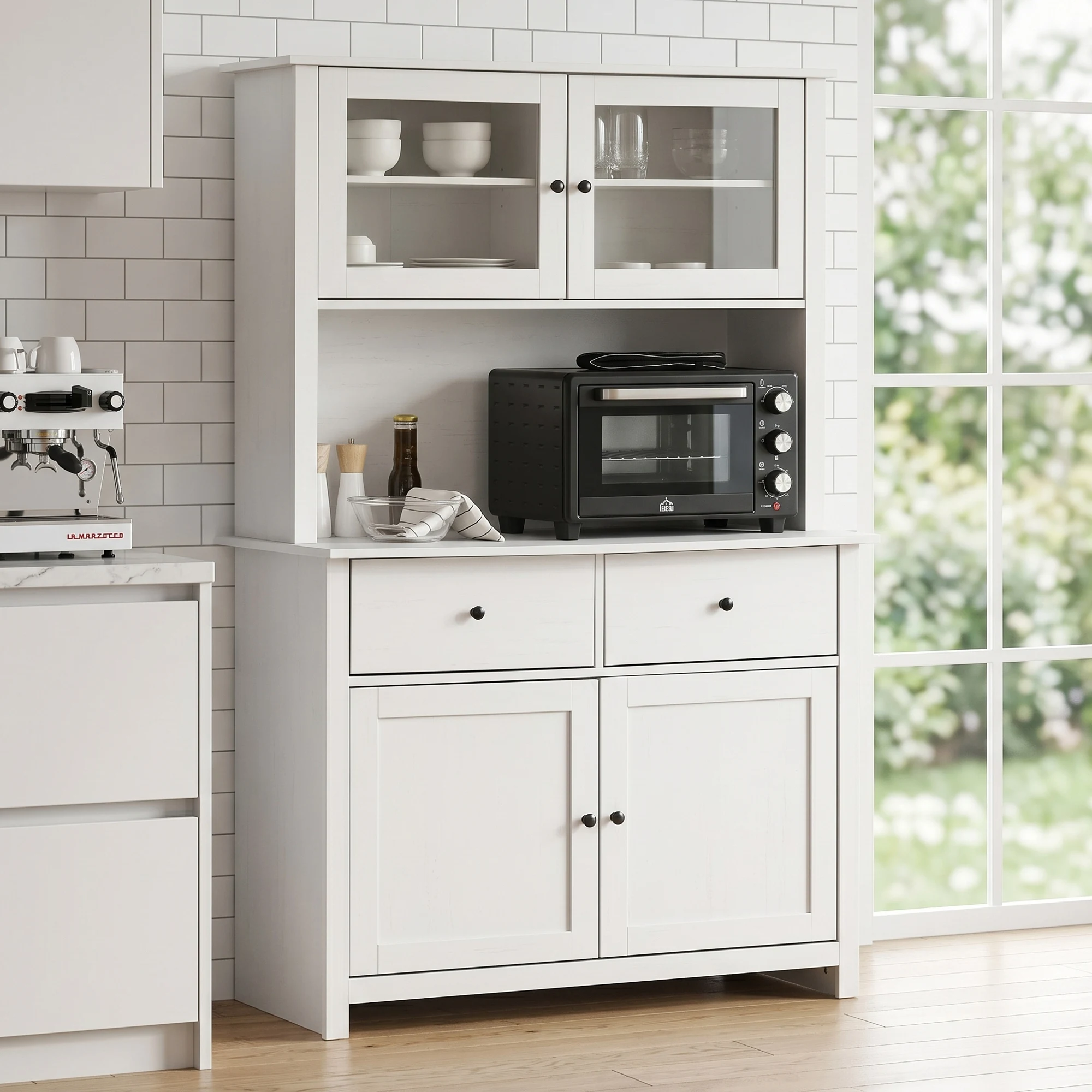 HOMCOM 63.5" Kitchen Buffet with Hutch, Pantry Storage Cabinet with 4 Shelves, Drawers, Framed Glass Doors, Open Microwave Countertop, Antique White image 6
