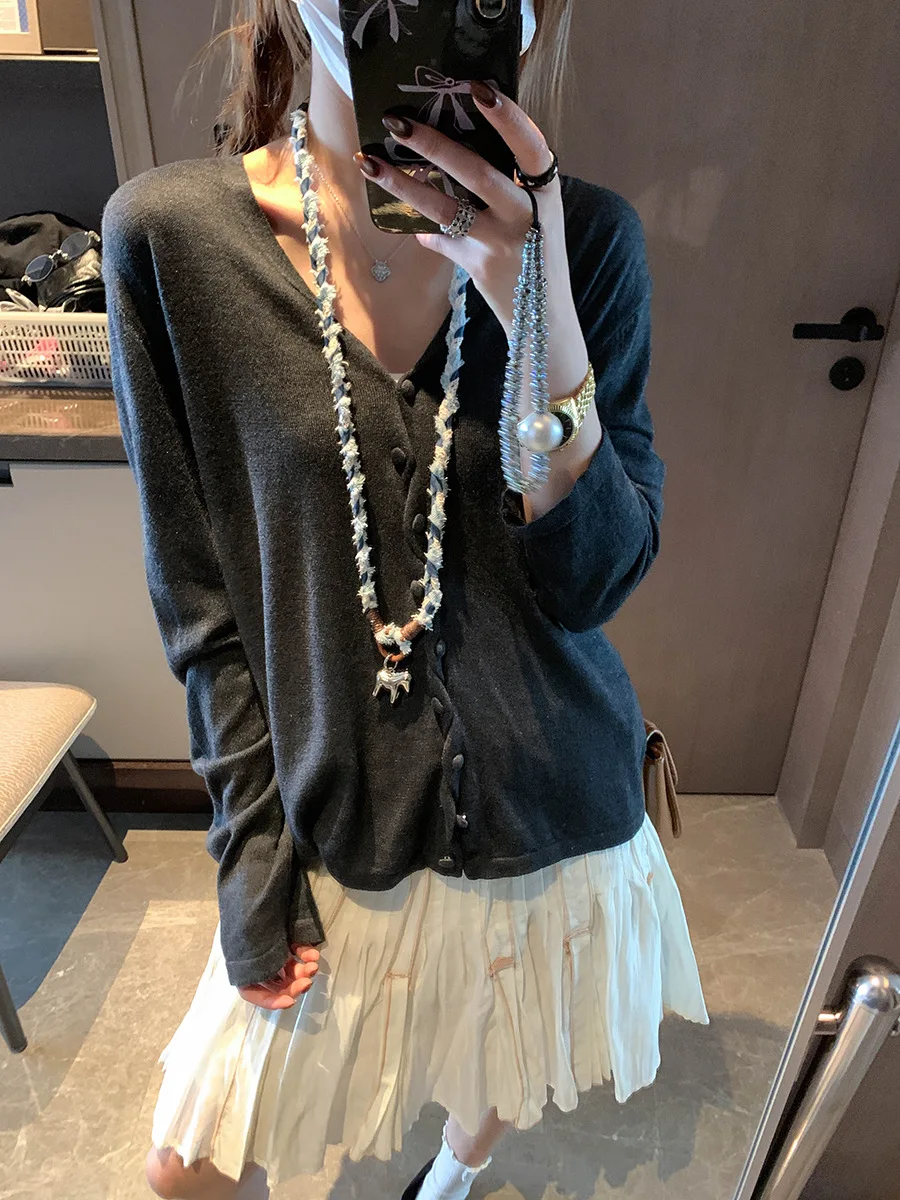 

Spring women's casual solid color cross single breasted V-neck loose knit cardigan