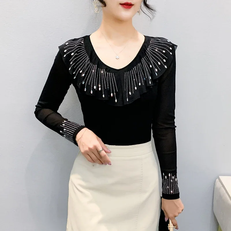 Elegant 2026 Autumn Mesh T-shirts For Women: Delicate Round Neck Top with Crystal-Embellished Ruffles and Chic Long Sleeves