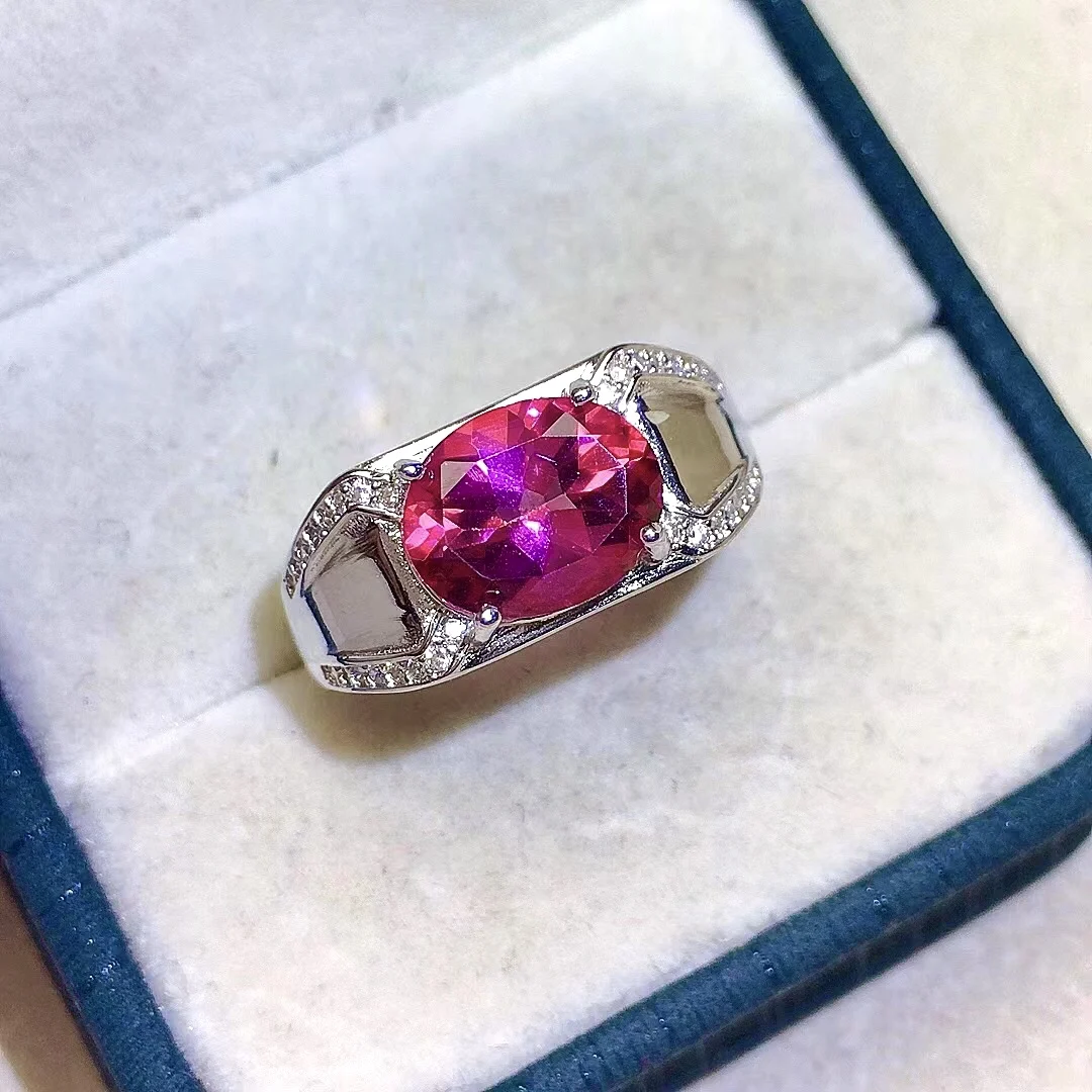 

3ct 8mm*10mm Pink Topaz Ring for Man VVS Grade Natural Topaz Silver Ring 18K Gold Plating 925 Silver Jewelry