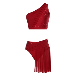 Women Modern Lyrical Dance Figure Skating Ballet Gymnastics Outfit Shiny Rhinestones Crop Top with Mesh Skirted Briefs Dancewear