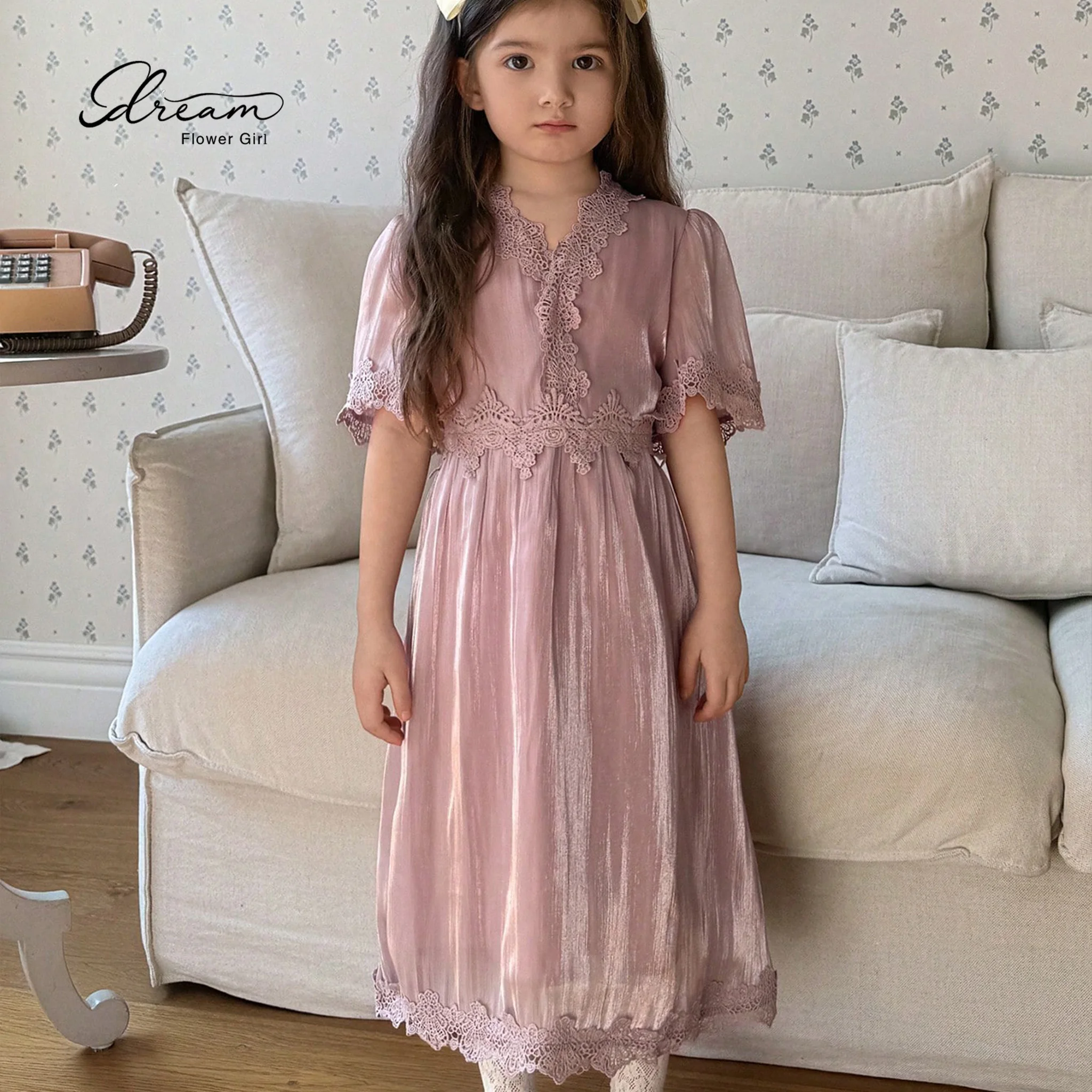 

Light purple V-neck ankle-length formal gown for girls featuring lace accents perfect for parties and special occasions