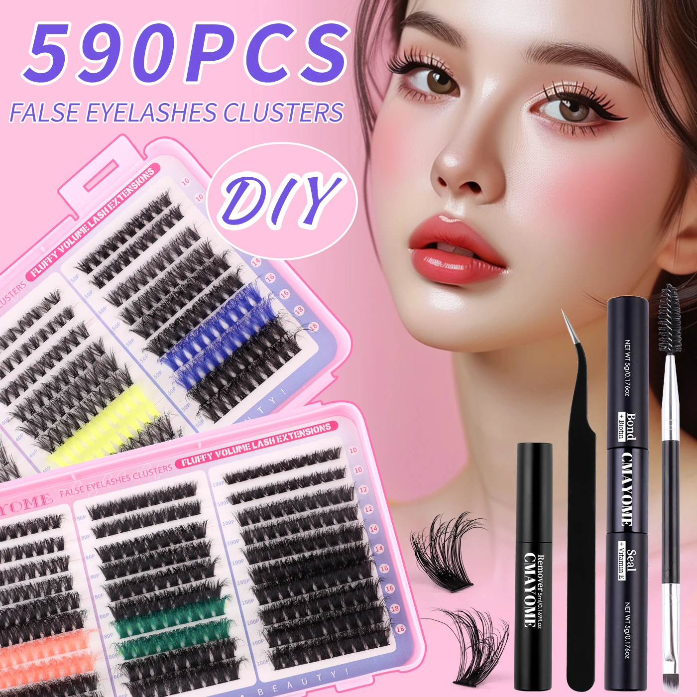 

DIY Colorful Eyelash Clusters 6 Colors Mixed Lashes Fluffy Soft 590PCS Large-Volume Eyelash Kit With BOND&SEAL Remover Set