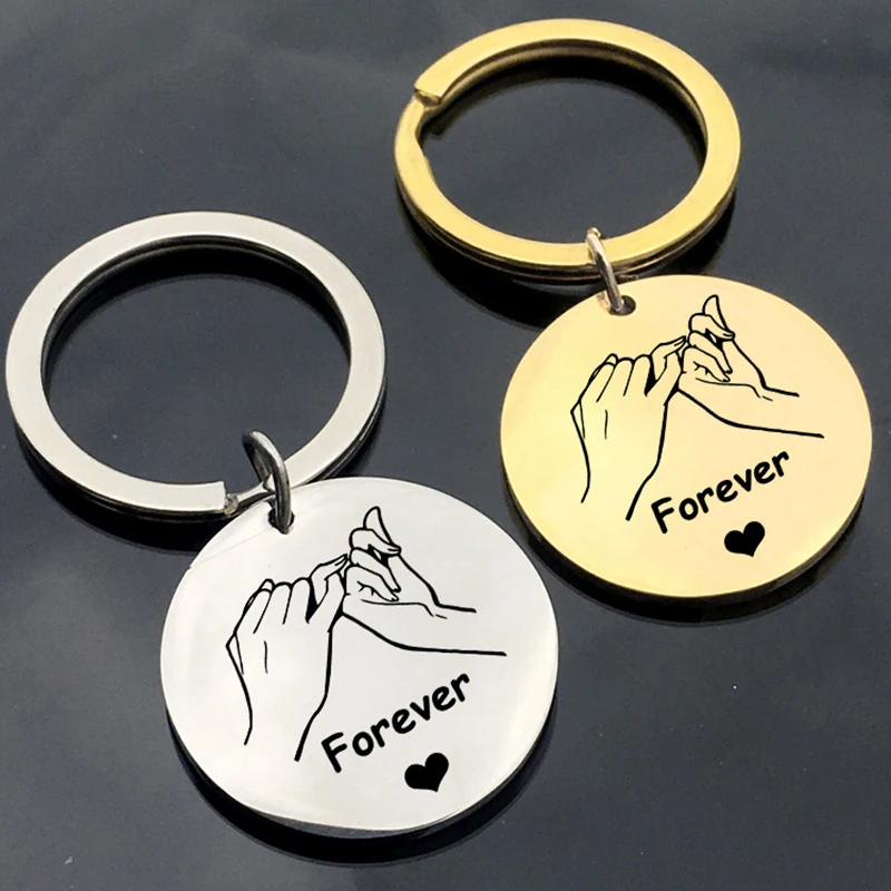 

Valentine's Day Stainless Steel Hooking Hands Forever Engraved Keychain Couples Friends Round Heart Shape Pendant Key Chain Gift