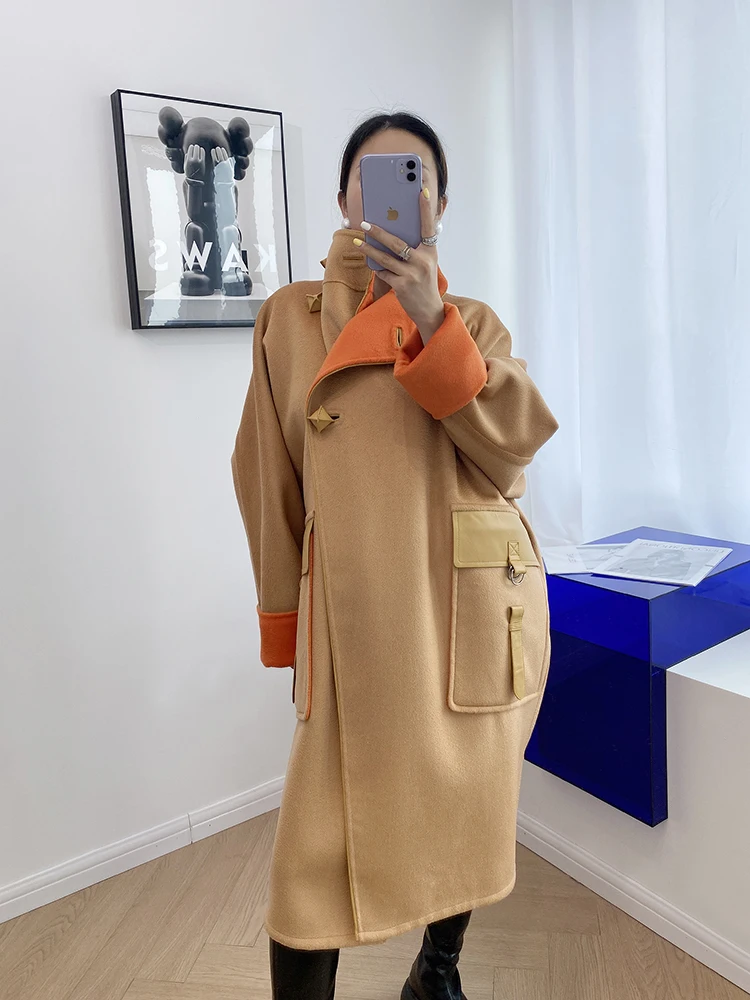 New Orange Cashmere Water Ripple Double Sided Cloth Coat Silhouette Long Fall Winter Coat Women