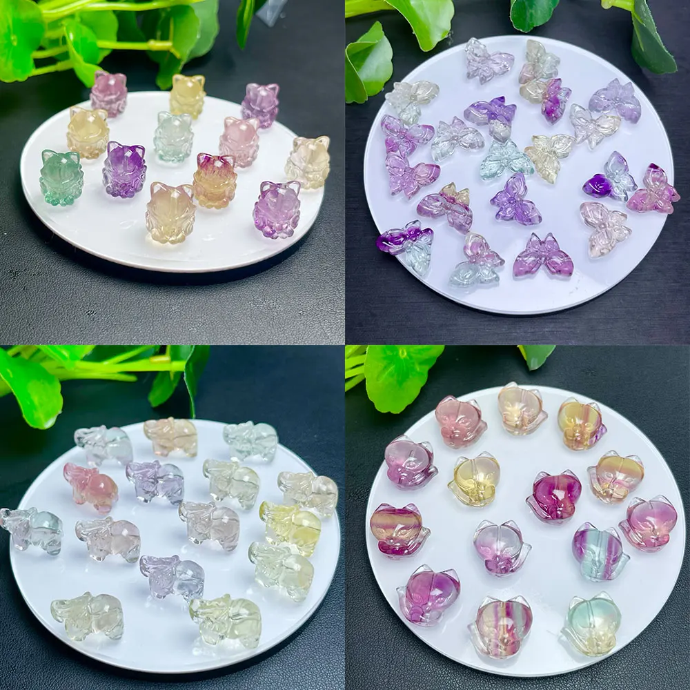 

10pcs/Lot Natural Rainbow Fluorite Mini Animal Carvings Fox Crystals Stone Figurine Home Decoration Minerals Quartz Spiritual