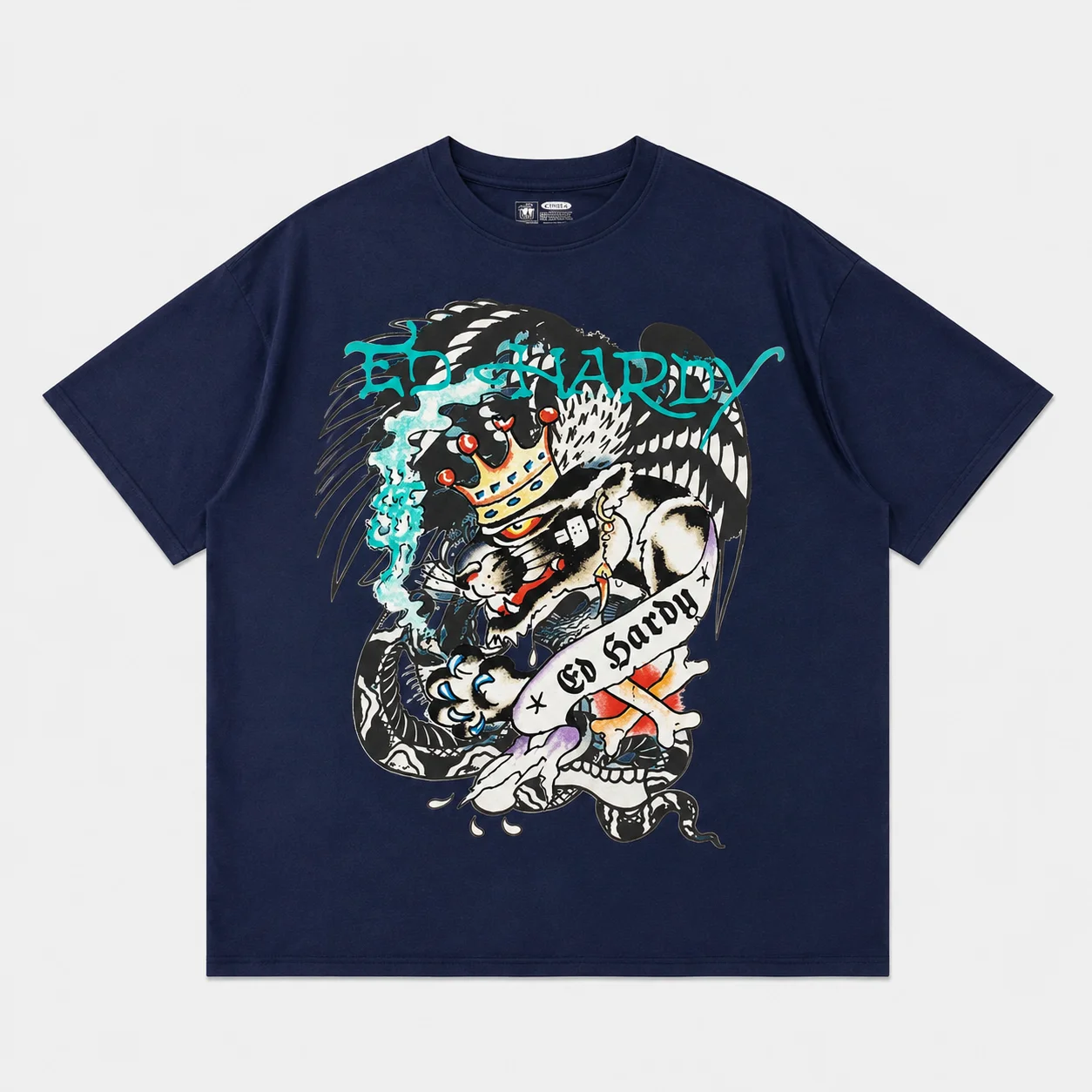Ed Hardy T-Shirt mit gekröntem geflügeltem Panther, Schlangen- und Kreuzbein-Print, Unisex, locker geschnitten, Oversized, Harajuku Streetwear, Baumwolle – Detail 6