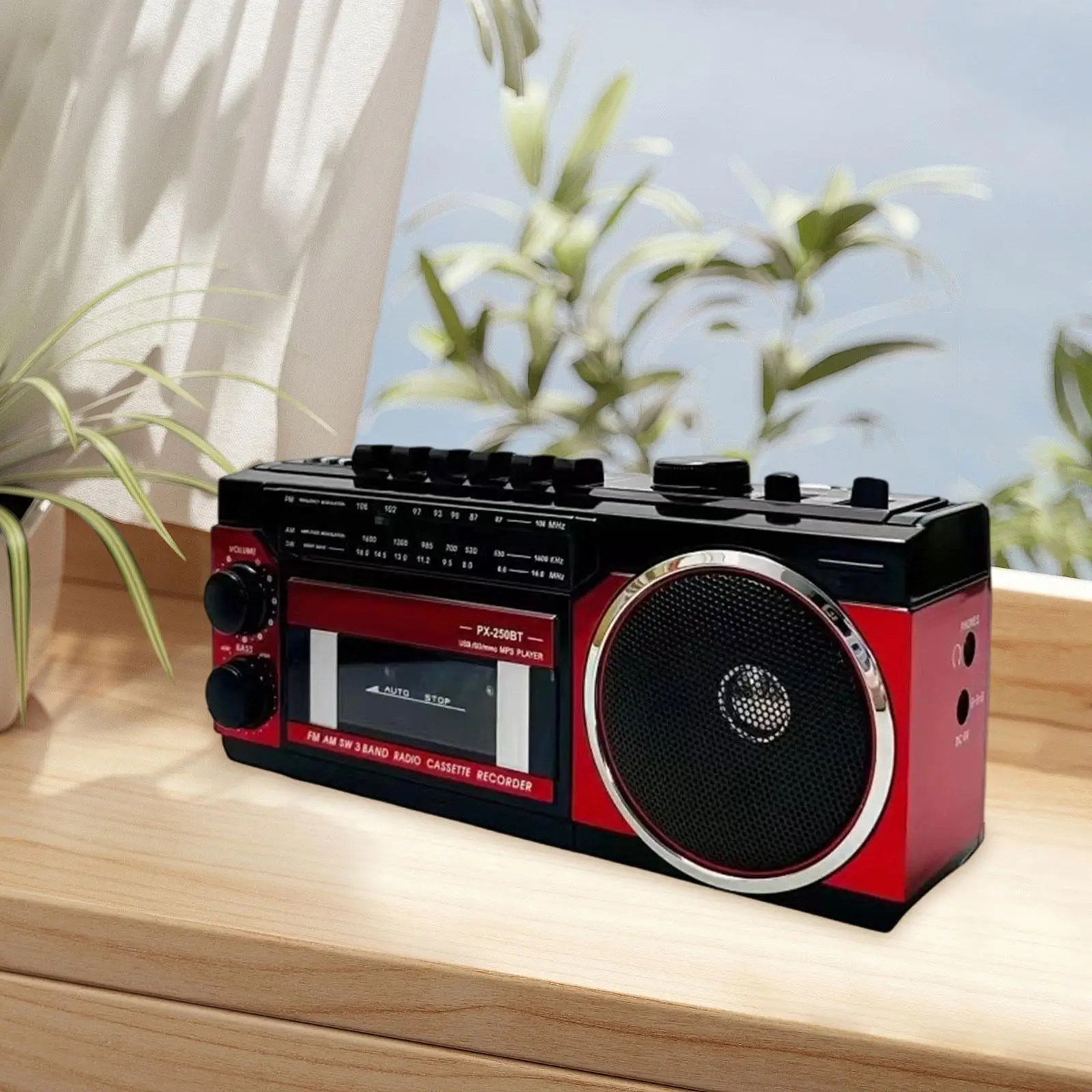 Retro Cassette Tape Player with Handle Vintage Portable Radio Recorder Compact Lightweight 8W Speaker Music Player for Home